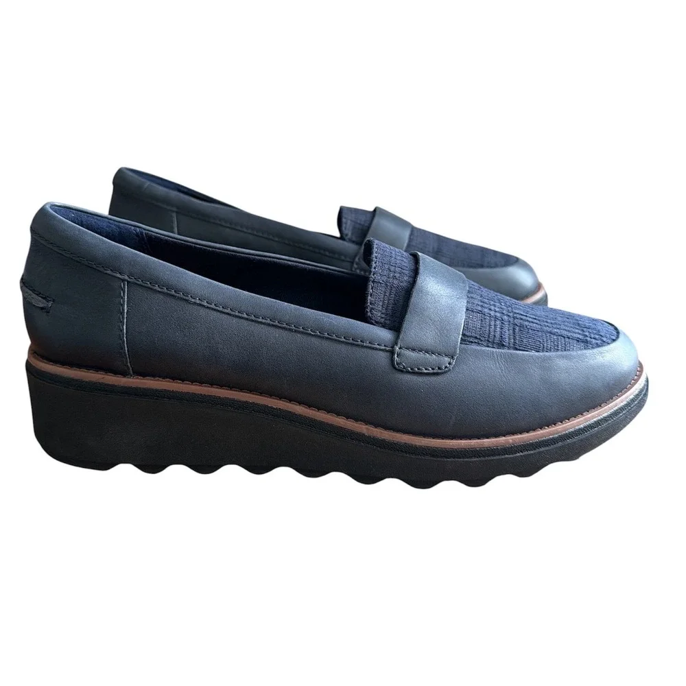 Clarks Collection Loafers Womens 10 Navy Blue Leather Wedge Platform Mixed Media